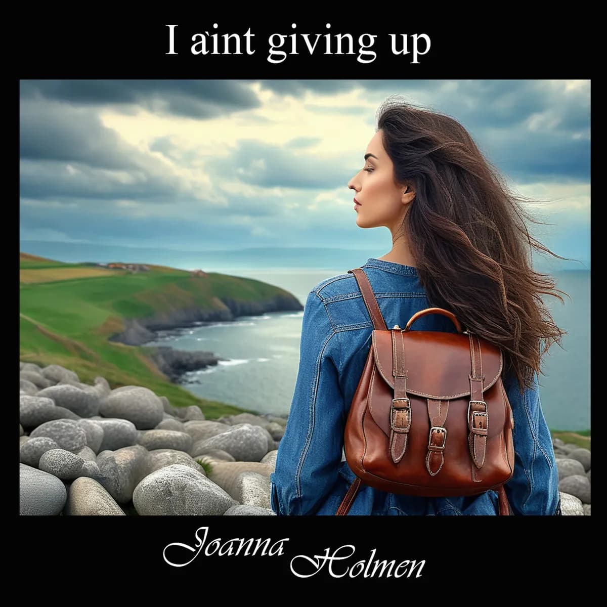 Kvinde i denimjakke med brun rygsæk kigger ud over en grøn klippekyst under skyet himmel. Cover til singlen I Aint Giving Up